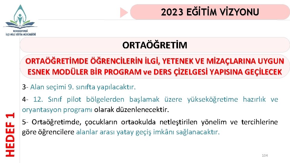 2023 EĞİTİM VİZYONU ORTAÖĞRETİMDE ÖĞRENCİLERİN İLGİ, YETENEK VE MİZAÇLARINA UYGUN ESNEK MODÜLER BİR PROGRAM