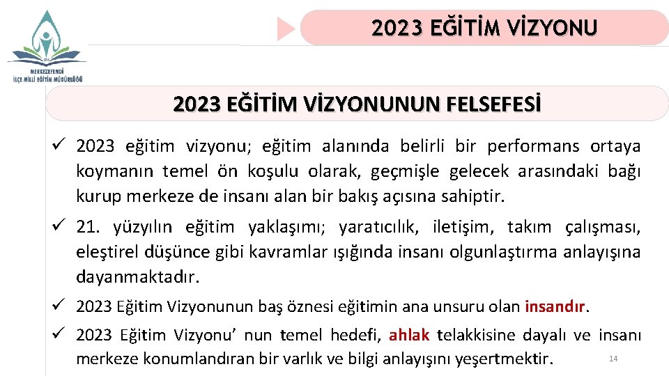 2023 EĞİTİM VİZYONUNUN FELSEFESİ ü 2023 eğitim vizyonu; eğitim alanında belirli bir performans ortaya