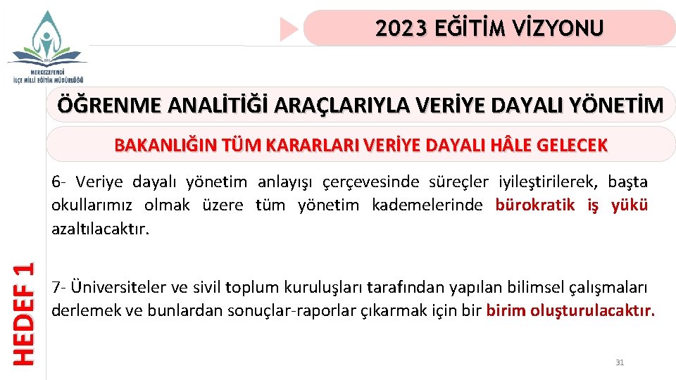 2023 EĞİTİM VİZYONU ÖĞRENME ANALİTİĞİ ARAÇLARIYLA VERİYE DAYALI YÖNETİM BAKANLIĞIN TÜM KARARLARI VERİYE DAYALI