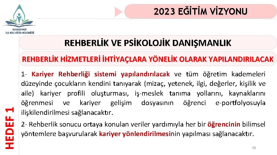 2023 EĞİTİM VİZYONU REHBERLİK VE PSİKOLOJİK DANIŞMANLIK HEDEF 1 REHBERLİK HİZMETLERİ İHTİYAÇLARA YÖNELİK OLARAK