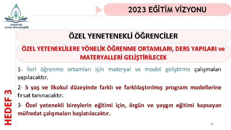 2023 EĞİTİM VİZYONU ÖZEL YENETENEKLİ ÖĞRENCİLER ÖZEL YETENEKLİLERE YÖNELİK ÖĞRENME ORTAMLARI, DERS YAPILARI ve