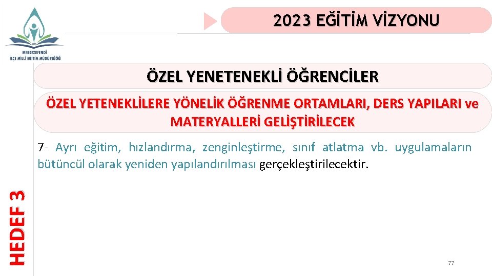 2023 EĞİTİM VİZYONU ÖZEL YENETENEKLİ ÖĞRENCİLER ÖZEL YETENEKLİLERE YÖNELİK ÖĞRENME ORTAMLARI, DERS YAPILARI ve