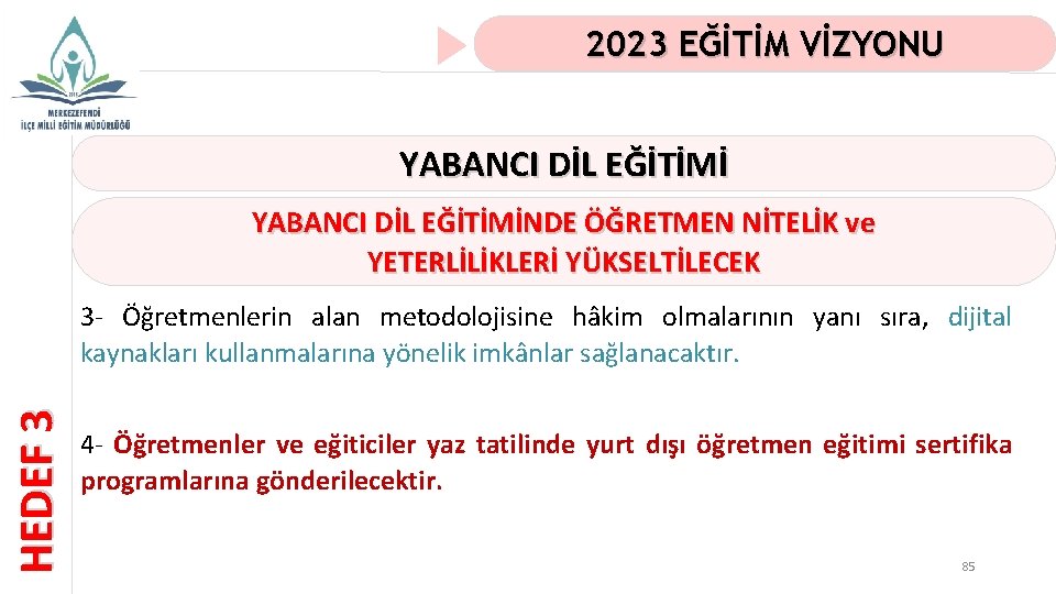 2023 EĞİTİM VİZYONU YABANCI DİL EĞİTİMİNDE ÖĞRETMEN NİTELİK ve YETERLİLİKLERİ YÜKSELTİLECEK HEDEF 3 3