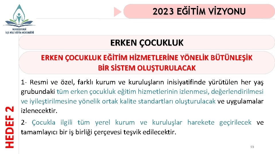 2023 EĞİTİM VİZYONU ERKEN ÇOCUKLUK HEDEF 2 ERKEN ÇOCUKLUK EĞİTİM HİZMETLERİNE YÖNELİK BÜTÜNLEŞİK BİR