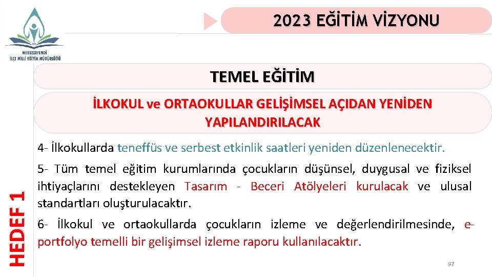 2023 EĞİTİM VİZYONU TEMEL EĞİTİM İLKOKUL ve ORTAOKULLAR GELİŞİMSEL AÇIDAN YENİDEN YAPILANDIRILACAK HEDEF 1