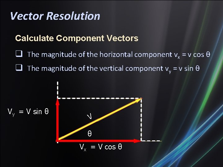 Vector Resolution Calculate Component Vectors The magnitude of the horizontal component vx = v