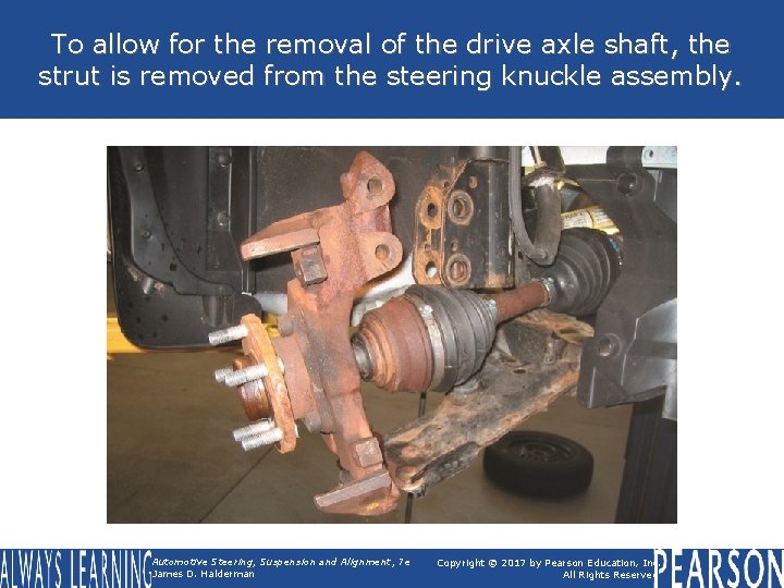 To allow for the removal of the drive axle shaft, the strut is removed