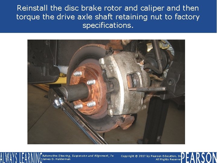 Reinstall the disc brake rotor and caliper and then torque the drive axle shaft