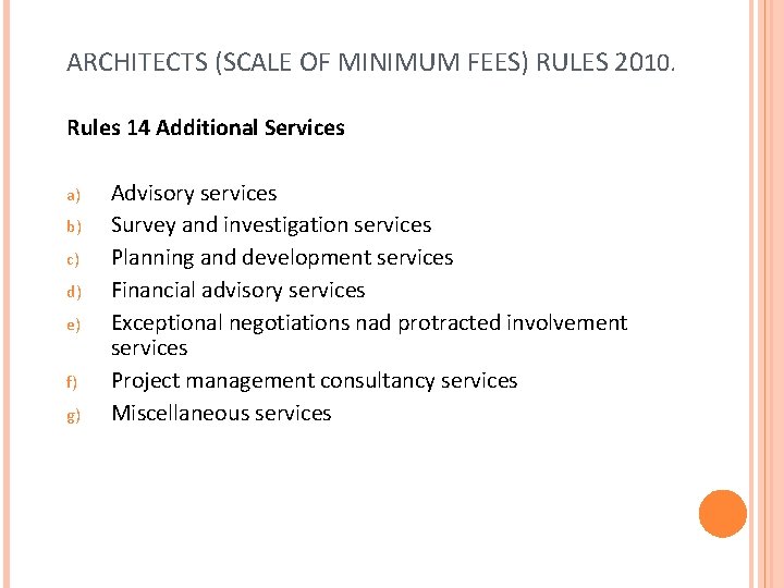 ARCHITECTS (SCALE OF MINIMUM FEES) RULES 2010. Rules 14 Additional Services a) b) c)