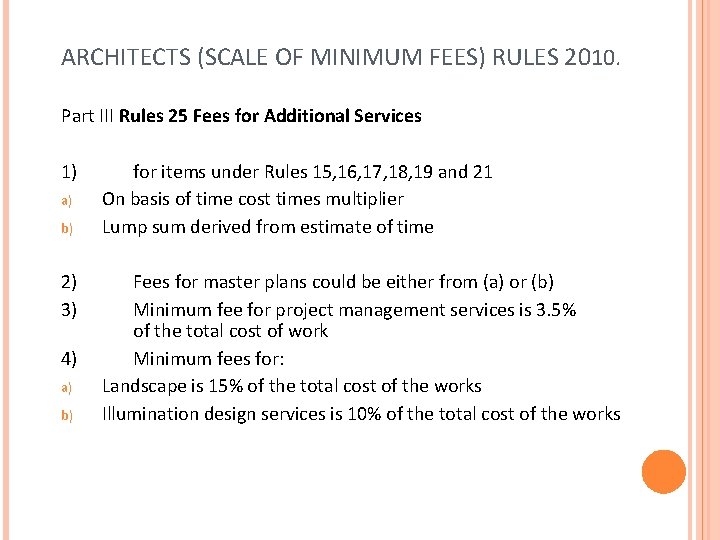 ARCHITECTS (SCALE OF MINIMUM FEES) RULES 2010. Part III Rules 25 Fees for Additional