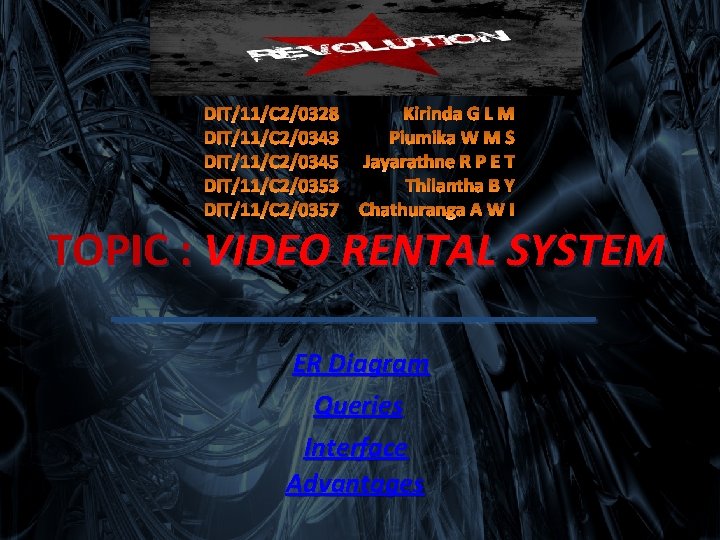 TOPIC VIDEO RENTAL SYSTEM ER Diagram Queries Interface