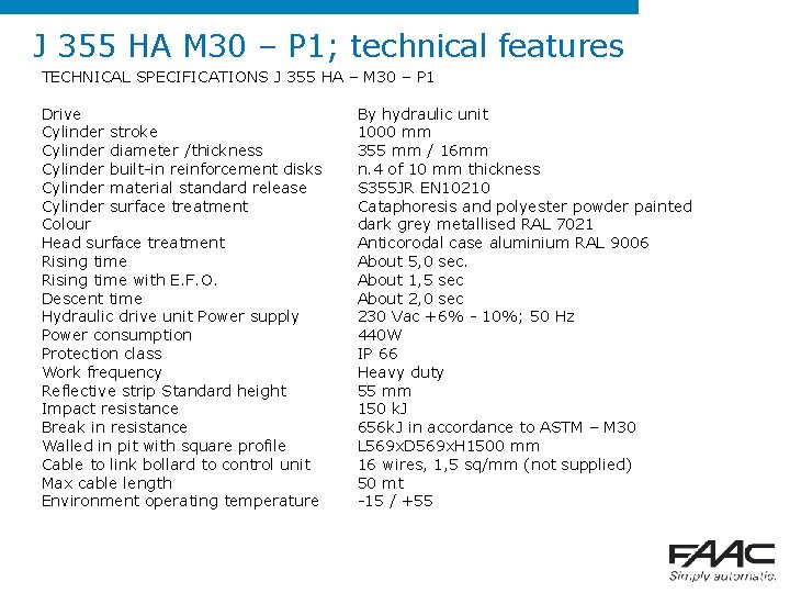 J 355 HA M 30 – P 1; technical features TECHNICAL SPECIFICATIONS J 355