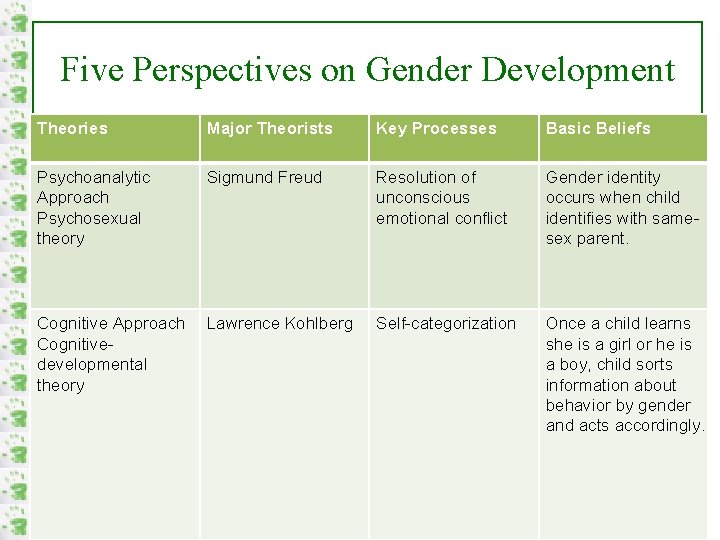 Five Perspectives on Gender Development Theories Major Theorists Key Processes Basic Beliefs Psychoanalytic Approach