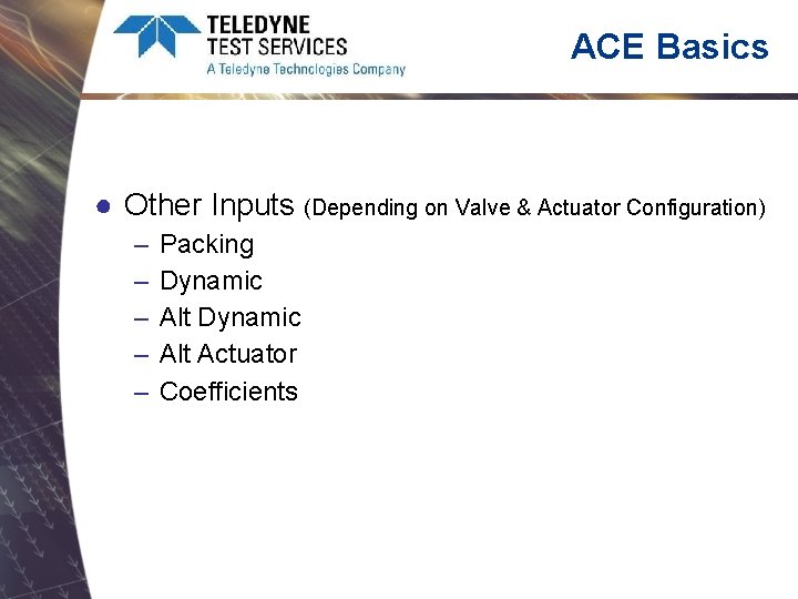 ACE Basics ● Other Inputs (Depending on Valve & Actuator Configuration) – – –