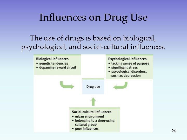 Influences on Drug Use The use of drugs is based on biological, psychological, and
