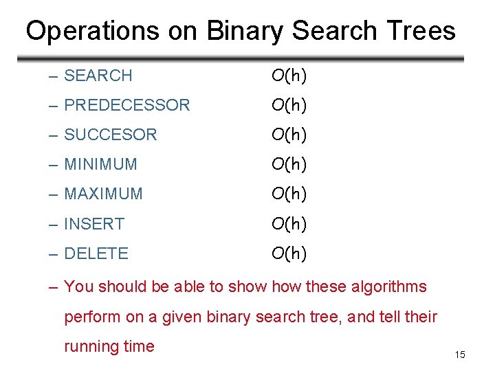 Operations on Binary Search Trees – SEARCH O(h) – PREDECESSOR O(h) – SUCCESOR O(h)