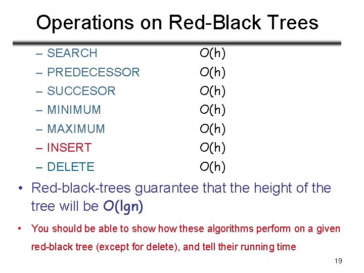 Operations on Red-Black Trees – SEARCH O(h) – PREDECESSOR O(h) – SUCCESOR O(h) –