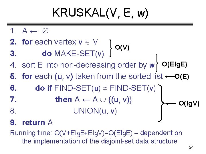 KRUSKAL(V, E, w) 1. 2. 3. 4. 5. 6. 7. 8. 9. A← for