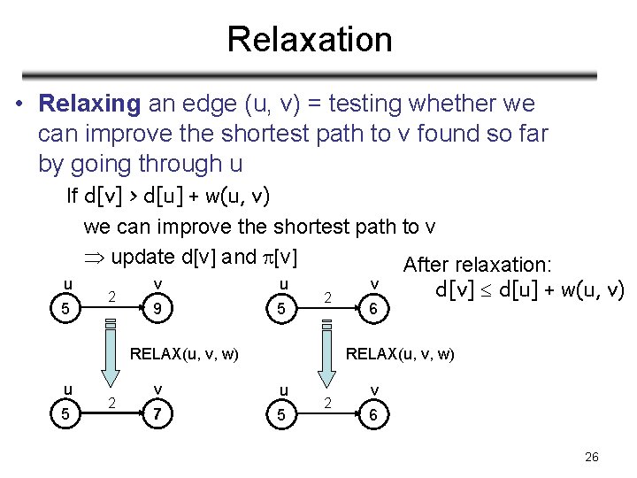 Relaxation • Relaxing an edge (u, v) = testing whether we can improve the
