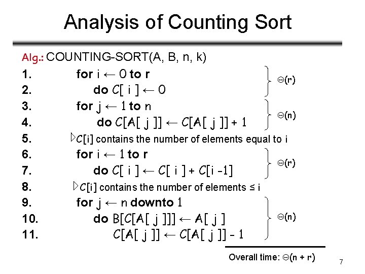 Analysis of Counting Sort Alg. : COUNTING-SORT(A, B, n, k) 1. for i ←