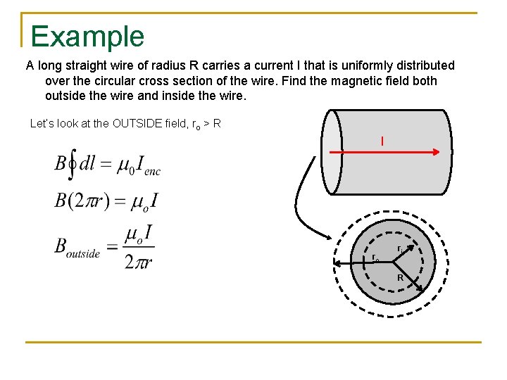 Example A long straight wire of radius R carries a current I that is