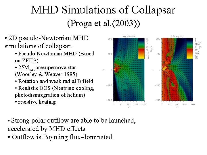 MHD Simulations of Collapsar (Proga et al. (2003)) • 2 D pseudo-Newtonian MHD simulations