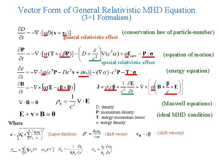 Vector Form of General Relativistic MHD Equation (3+1 Formalism) Special relativistic mass density, gr