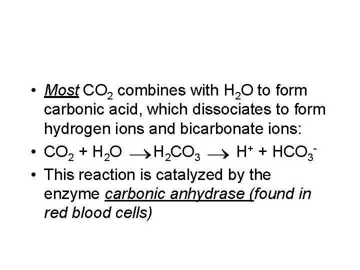 • Most CO 2 combines with H 2 O to form carbonic acid, • Most CO 2 combines with H 2 O to form carbonic acid,