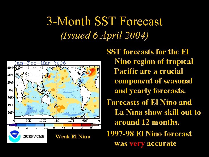 3 -Month SST Forecast (Issued 6 April 2004) Weak El Nino SST forecasts for