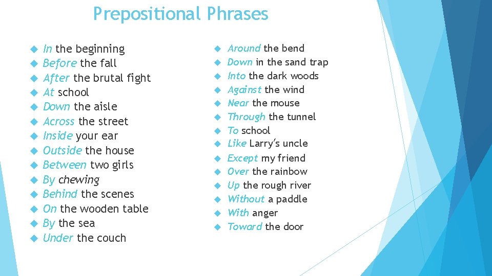 Prepositional Phrases In the beginning Before the fall After the brutal fight At school