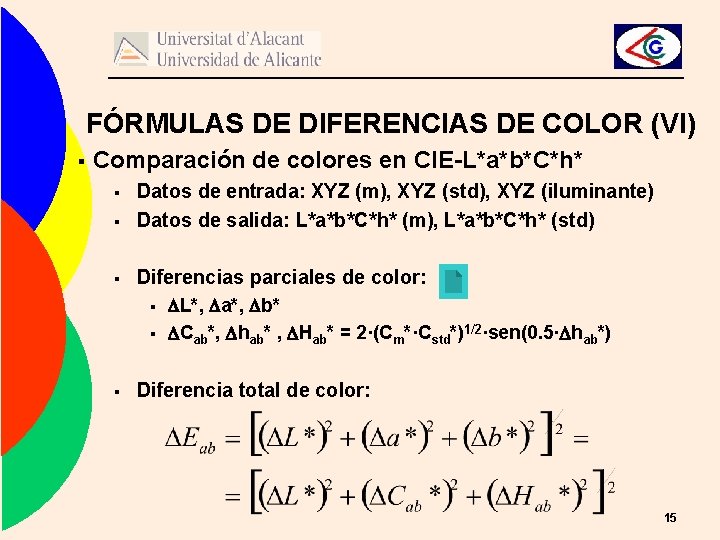 FÓRMULAS DE DIFERENCIAS DE COLOR (VI) § Comparación de colores en CIE-L*a*b*C*h* § Datos