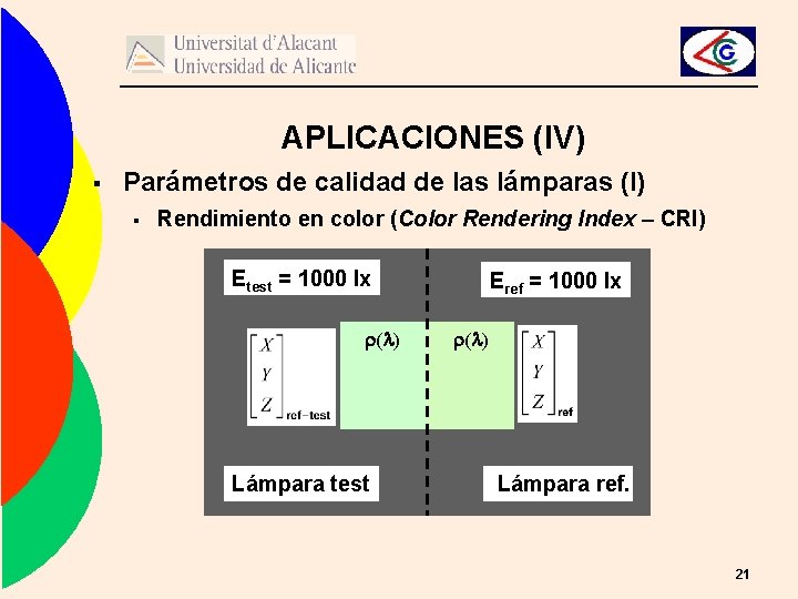 APLICACIONES (IV) § Parámetros de calidad de las lámparas (I) § Rendimiento en color