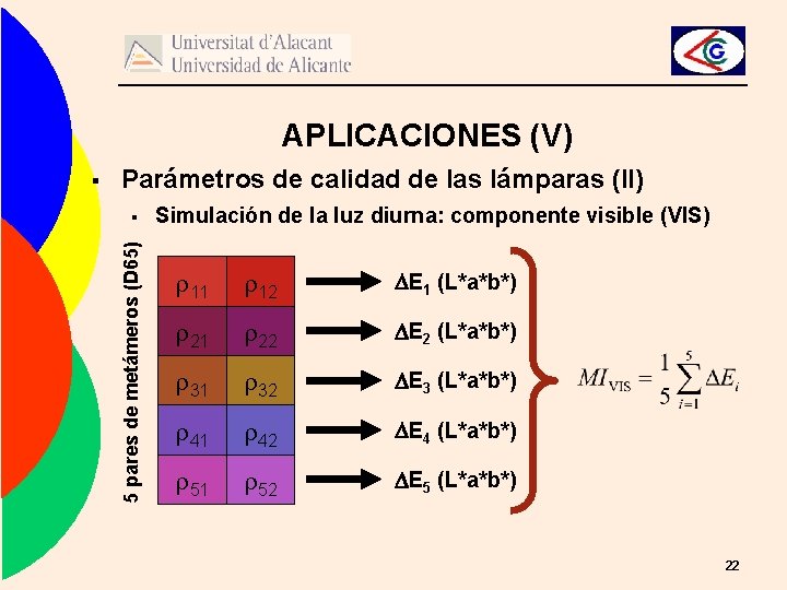 APLICACIONES (V) Parámetros de calidad de las lámparas (II) § 5 pares de metámeros