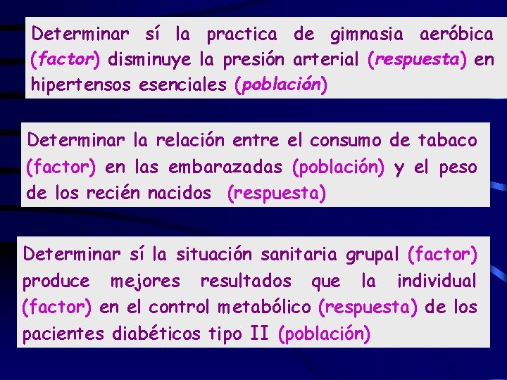 Determinar sí la practica de gimnasia aeróbica (factor) disminuye la presión arterial (respuesta) en