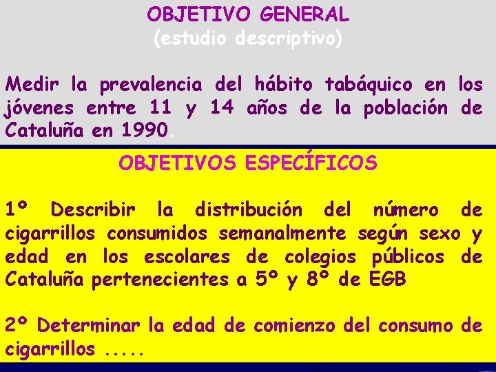 OBJETIVO GENERAL (estudio descriptivo) Medir la prevalencia del hábito tabáquico en los jóvenes entre