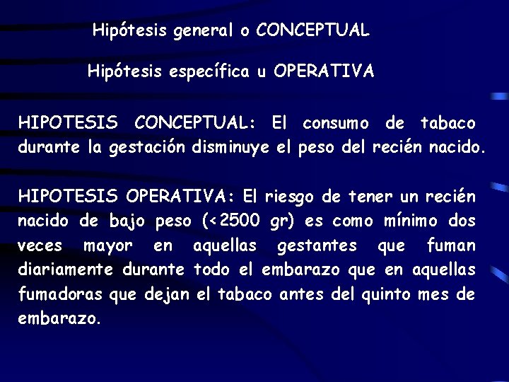 Hipótesis general o CONCEPTUAL Hipótesis específica u OPERATIVA HIPOTESIS CONCEPTUAL: El consumo de tabaco