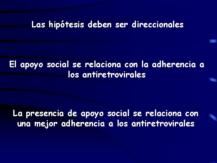 Las hipótesis deben ser direccionales El apoyo social se relaciona con la adherencia a