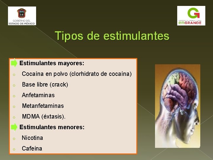 Tipos de estimulantes Estimulantes mayores: o Cocaína en polvo (clorhidrato de cocaína) o Base