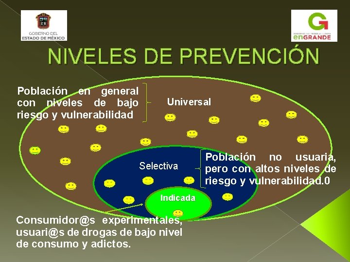 NIVELES DE PREVENCIÓN Población en general con niveles de bajo riesgo y vulnerabilidad Universal