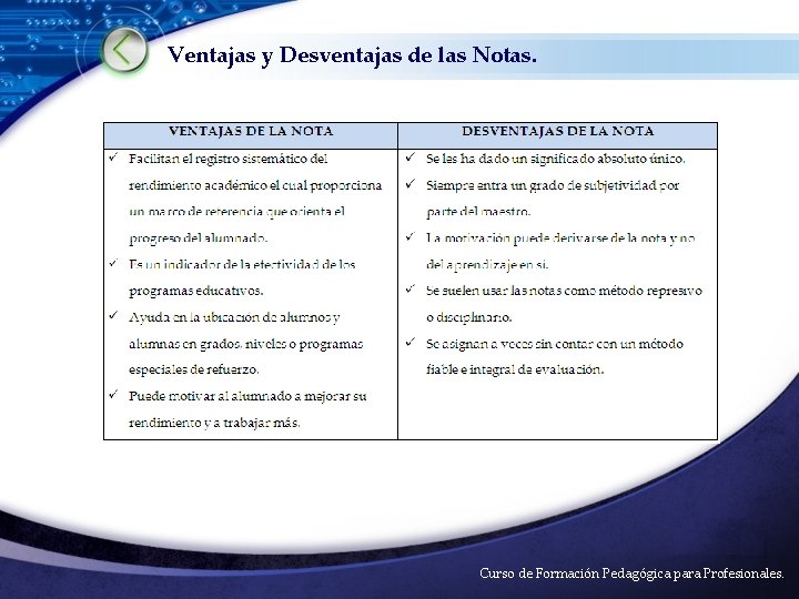 Ventajas y Desventajas de las Notas. LOGO Curso de Formación Pedagógica para Profesionales. 