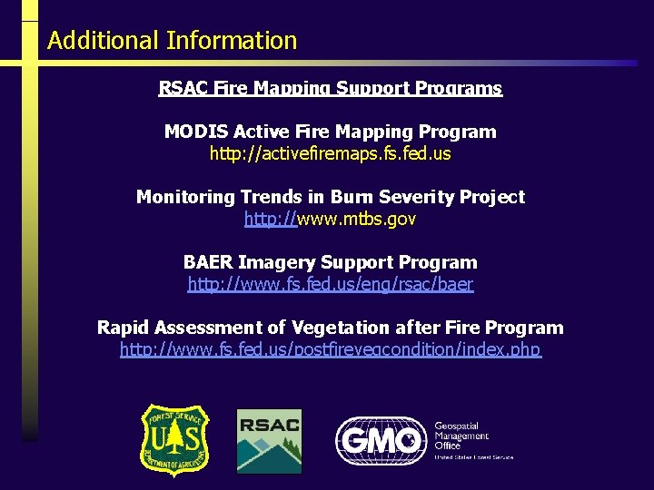 Additional Information RSAC Fire Mapping Support Programs MODIS Active Fire Mapping Program http: //activefiremaps.