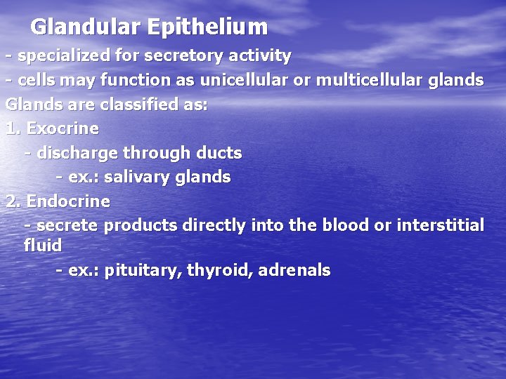 Glandular Epithelium - specialized for secretory activity - cells may function as unicellular or