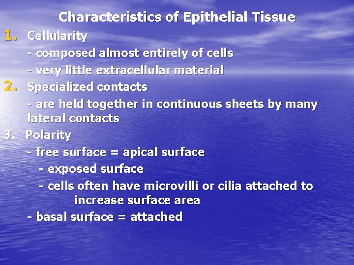 Characteristics of Epithelial Tissue 1. Cellularity - composed almost entirely of cells - very