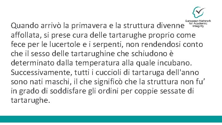 Quando arrivò la primavera e la struttura divenne affollata, si prese cura delle tartarughe