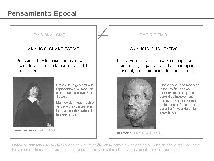 Pensamiento Epocal RACIONALISMO ANALISIS CUANTITATIVO Pensamiento Filosófico que acentúa el papel de la razón