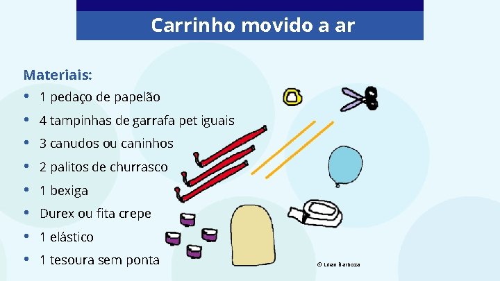 Carrinho movido a ar Materiais: • • 1 pedaço de papelão 4 tampinhas de