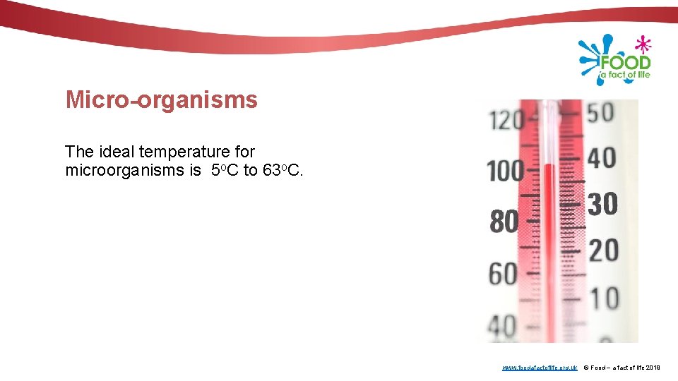 Micro-organisms The ideal temperature for microorganisms is 5 o. C to 63 o. C.