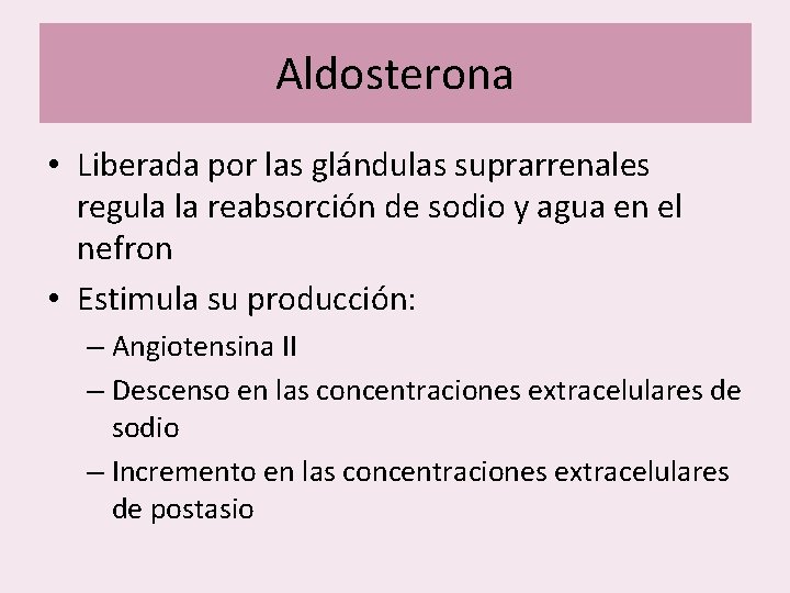 Aldosterona • Liberada por las glándulas suprarrenales regula la reabsorción de sodio y agua Aldosterona • Liberada por las glándulas suprarrenales regula la reabsorción de sodio y agua