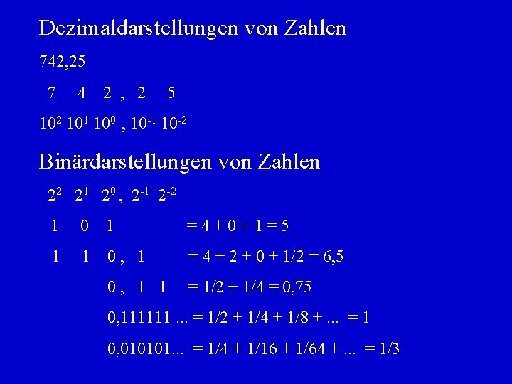 Dezimaldarstellungen von Zahlen 742, 25 7 4 2 , 2 5 102 101 100