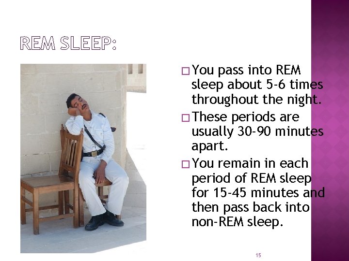 REM SLEEP: �You pass into REM sleep about 5 -6 times throughout the night.